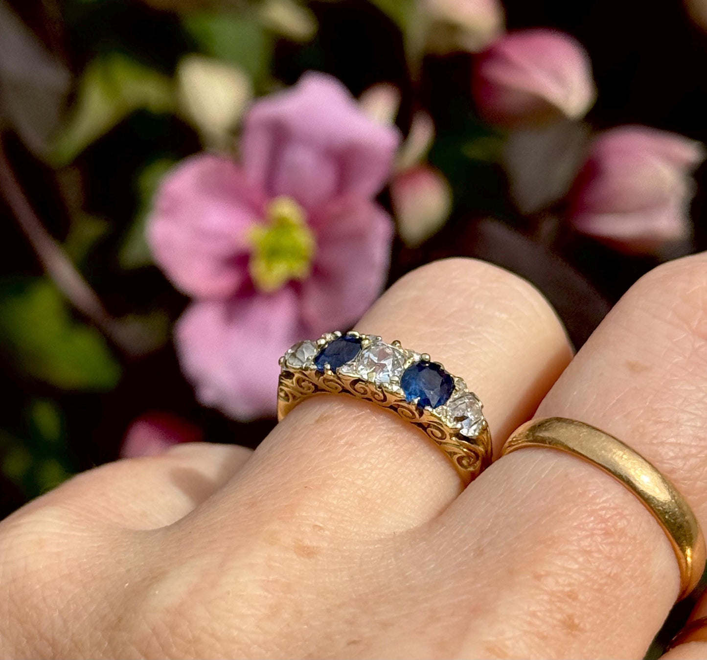 Antique Old Cut Diamond & Sapphire Ring in 18 Carat Gold