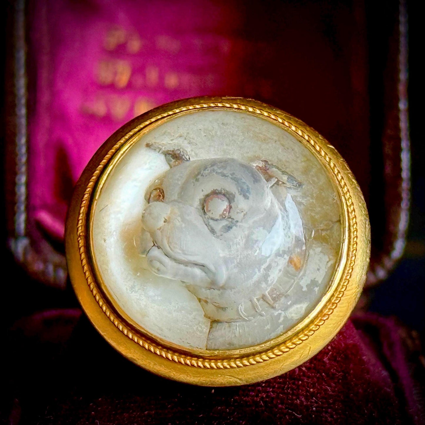 Rare Victorian Essex Crystal Reverse Painted Dog Ring, circa 1880