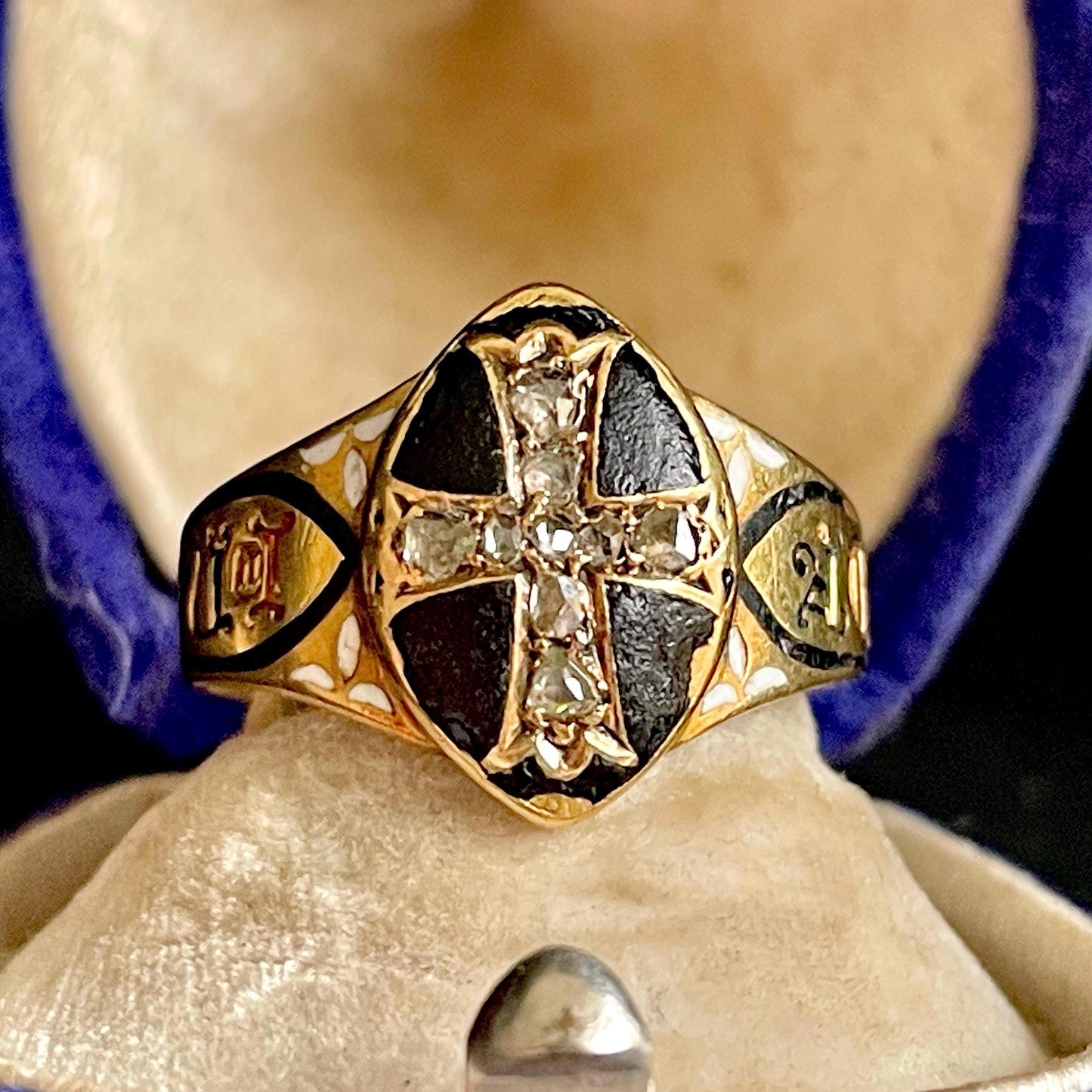 Antique Diamond & Enamel Mourning Ring in 18 Carat Gold; Circa 1868