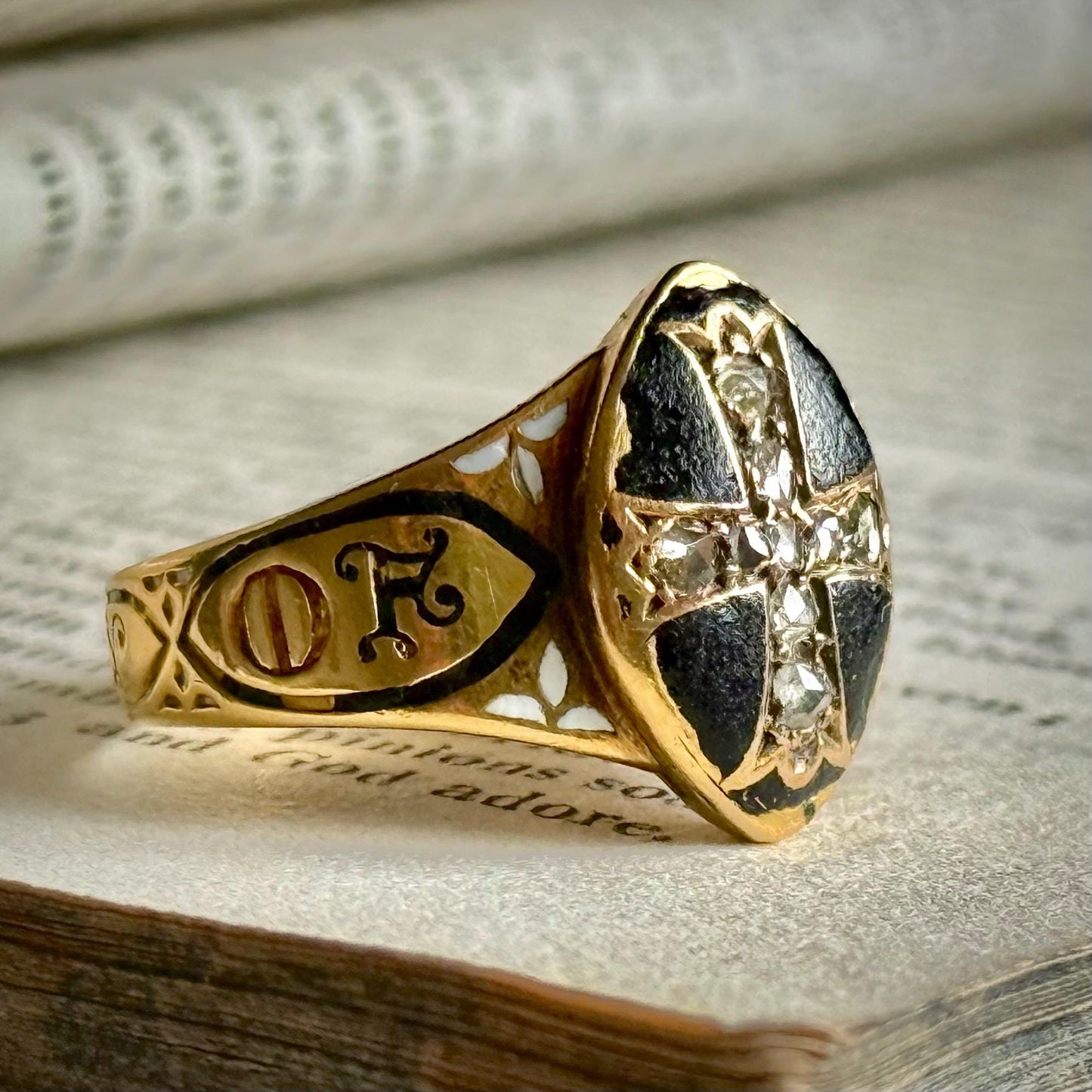 Antique Diamond & Enamel Mourning Ring in 18 Carat Gold; Circa 1868