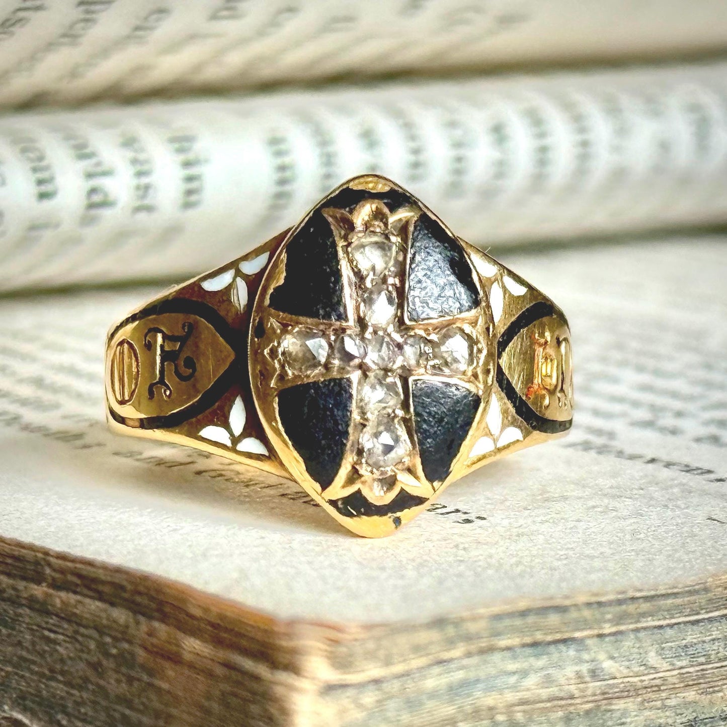 Antique Diamond & Enamel Mourning Ring in 18 Carat Gold; Circa 1868