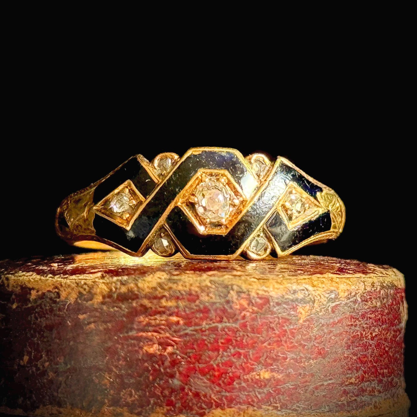 Antique Diamond & Enamel Mourning Ring with Inscription; Circa 1870