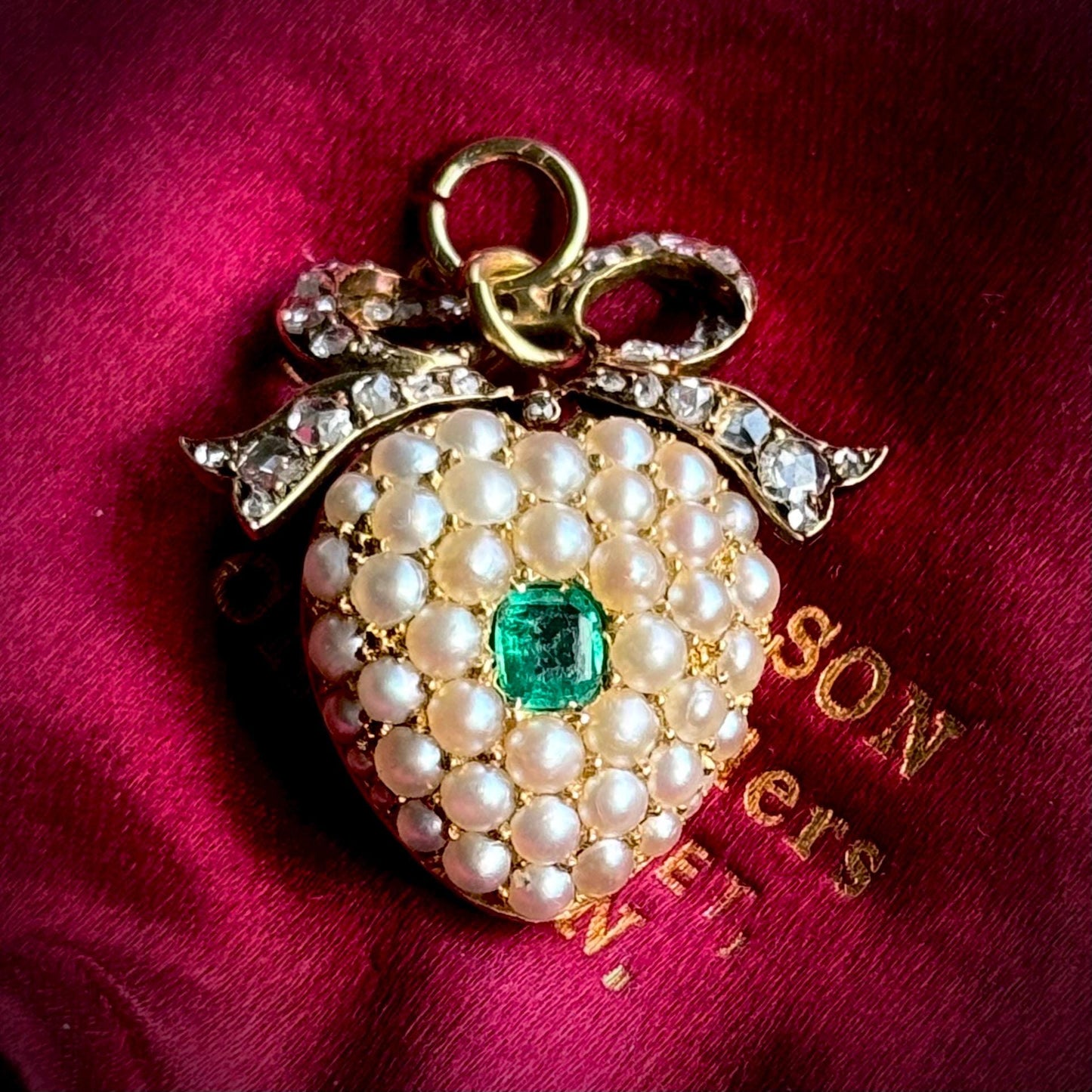 Diamond, Emerald & Pearl Locket Heart Pendant in 18 Carat Gold; Circa 1860