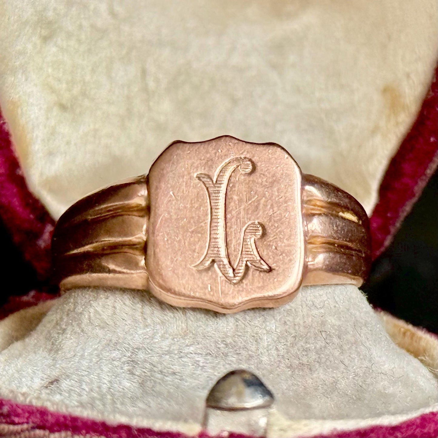 Antique 'L' Signet Ring in 9 Carat Rose Gold; Circa 1919