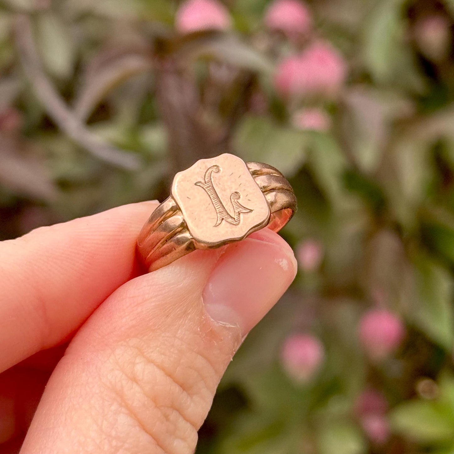 Antique 'L' Signet Ring in 9 Carat Rose Gold; Circa 1919