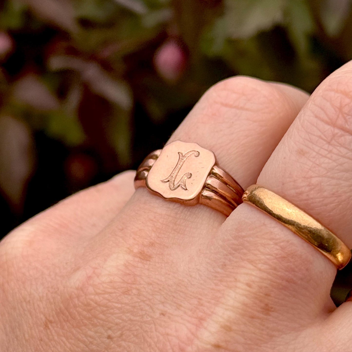 Antique 'L' Signet Ring in 9 Carat Rose Gold; Circa 1919