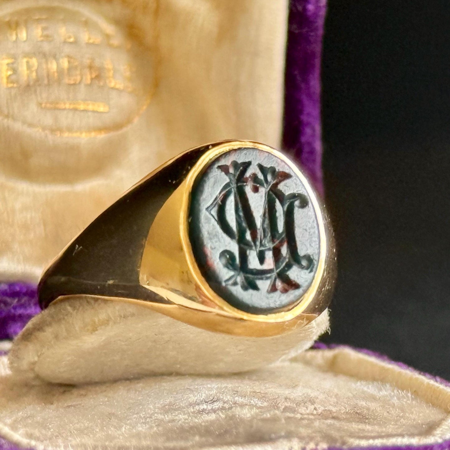 Bloodstone Monogram 'G M' Intaglio Signet Ring in 18 Carat Gold; Circa 1982