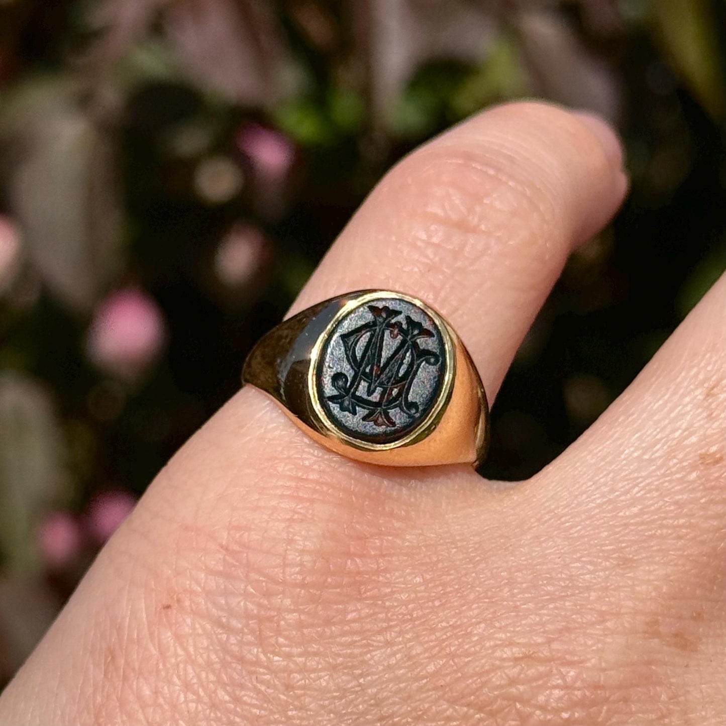 Bloodstone Monogram 'G M' Intaglio Signet Ring in 18 Carat Gold; Circa 1982