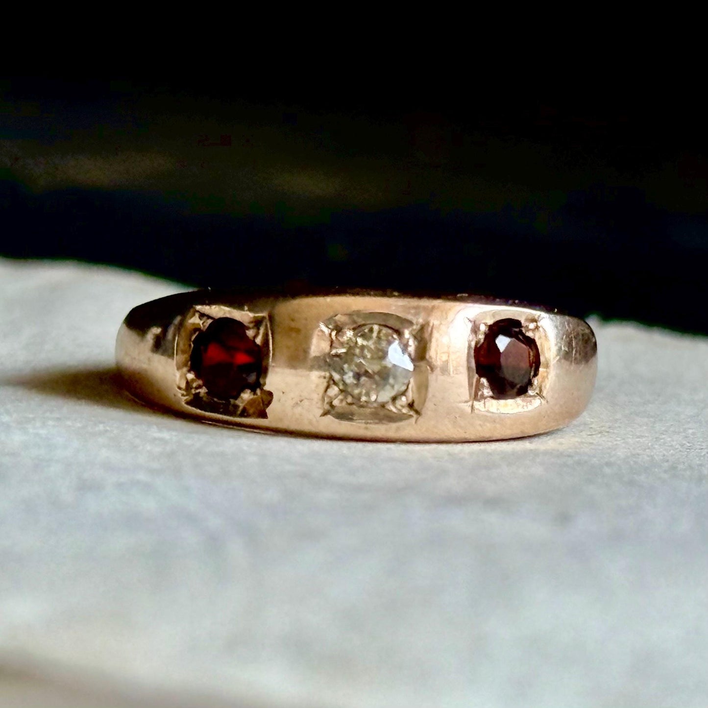 Antique Diamond & Garent Trilogy in 9 Carat Rose Gold Ring; Circa 1900
