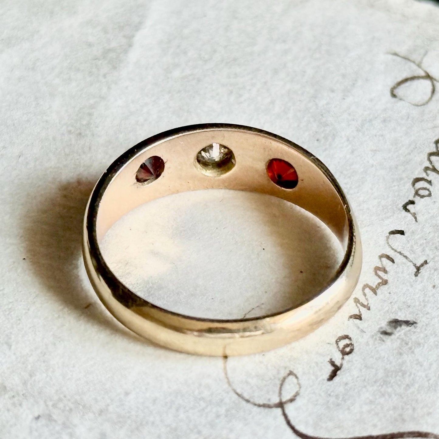 Antique Diamond & Garent Trilogy in 9 Carat Rose Gold Ring; Circa 1900