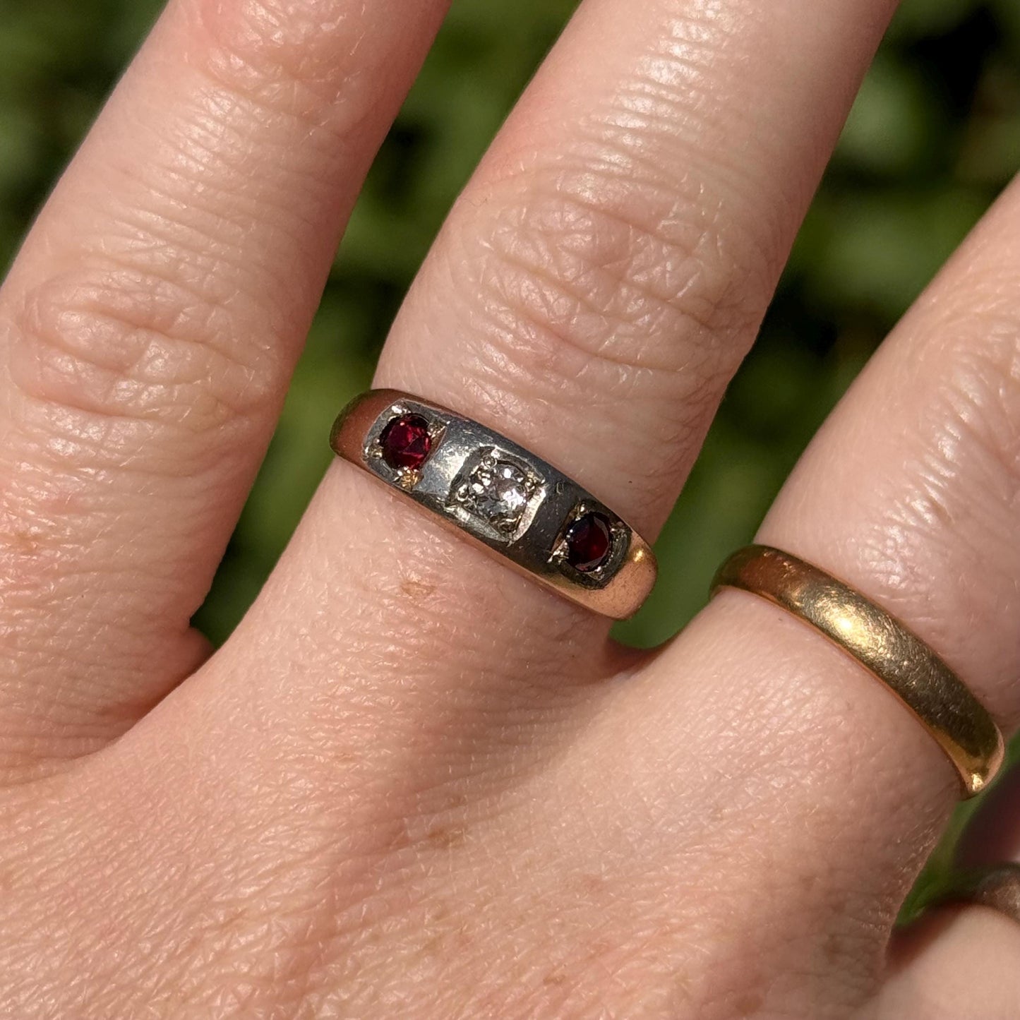 Antique Diamond & Garent Trilogy in 9 Carat Rose Gold Ring; Circa 1900
