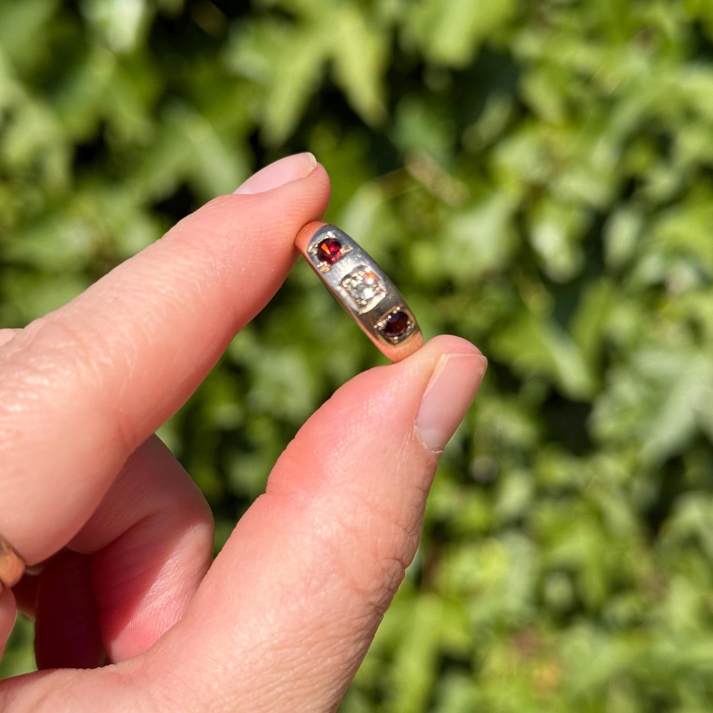 Antique Diamond & Garent Trilogy in 9 Carat Rose Gold Ring; Circa 1900
