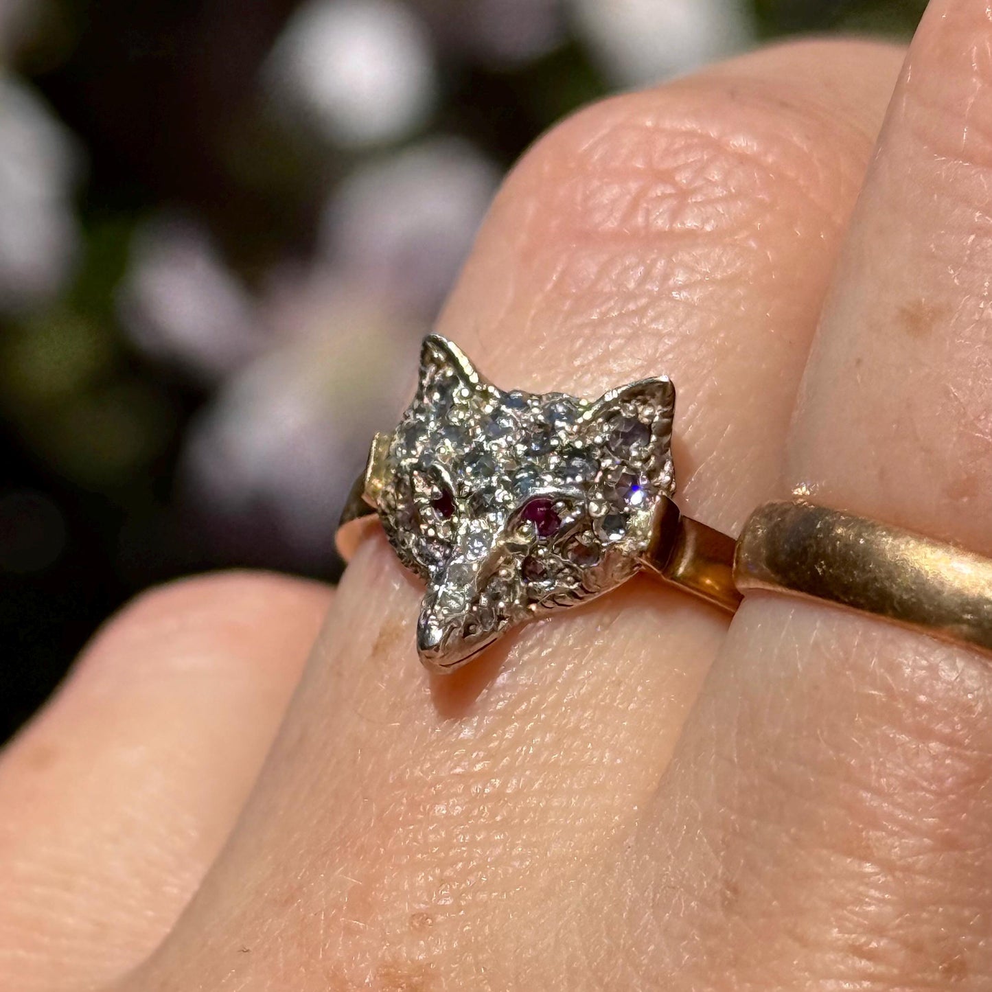 Victorian Style Rose Cut Diamond & Ruby Fox Head Ring in 9 Carat Gold