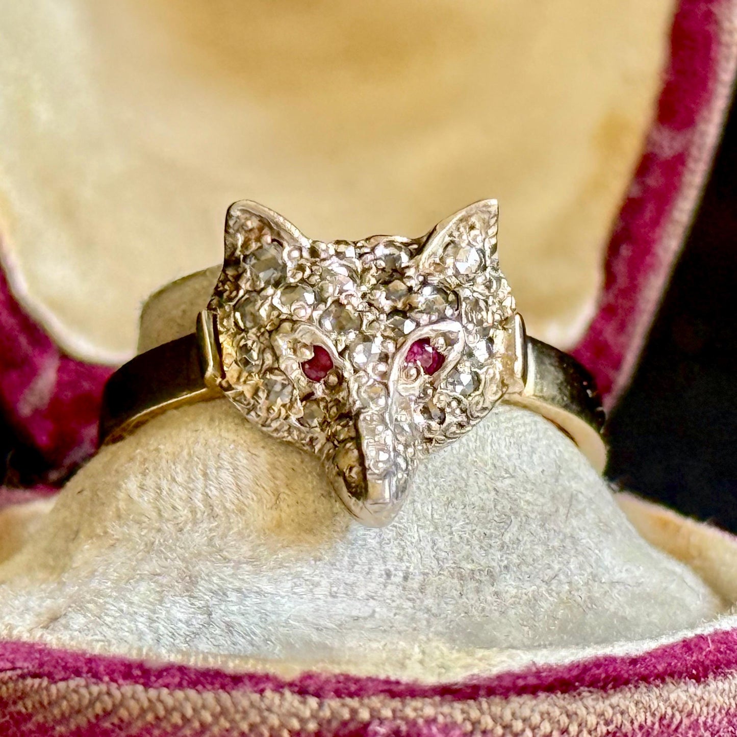 Victorian Style Rose Cut Diamond & Ruby Fox Head Ring in 9 Carat Gold