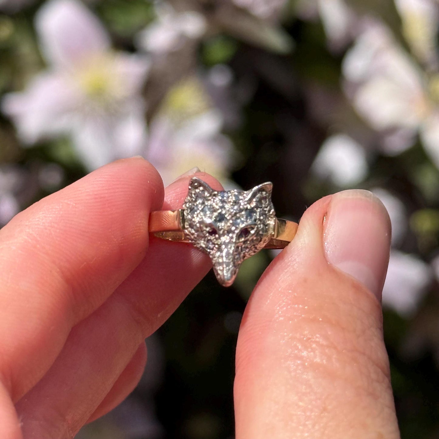 Victorian Style Rose Cut Diamond & Ruby Fox Head Ring in 9 Carat Gold