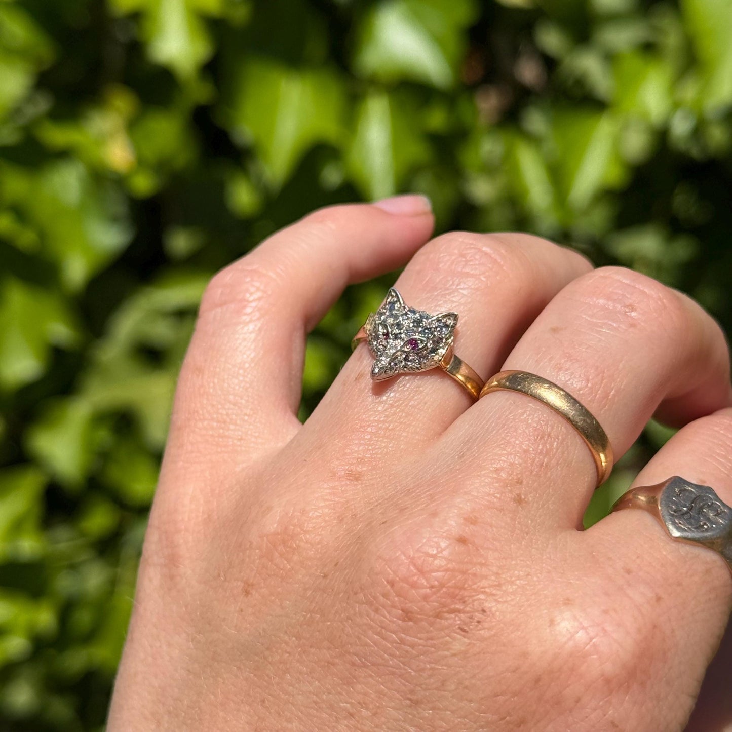 Victorian Style Rose Cut Diamond & Ruby Fox Head Ring in 9 Carat Gold