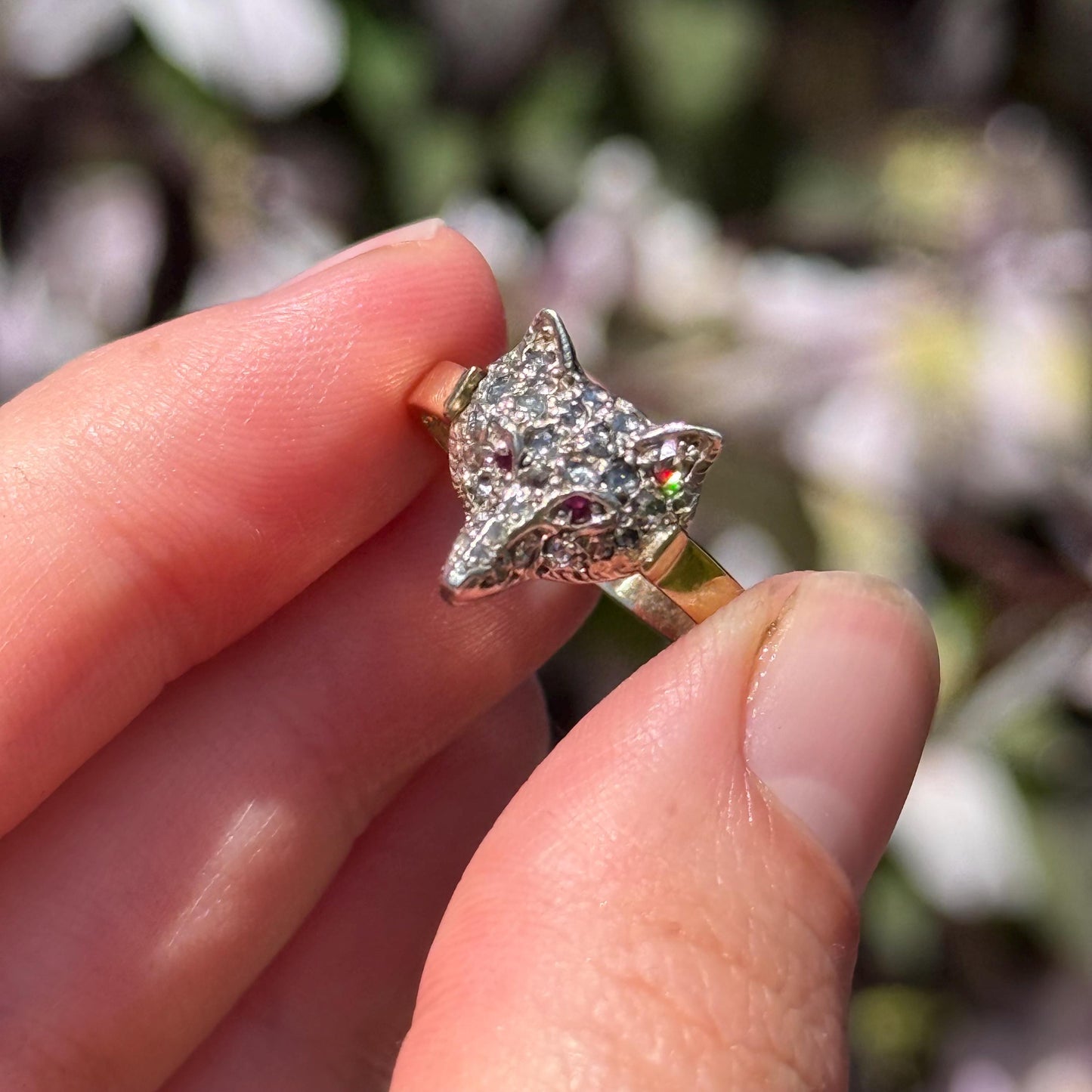 Victorian Style Rose Cut Diamond & Ruby Fox Head Ring in 9 Carat Gold