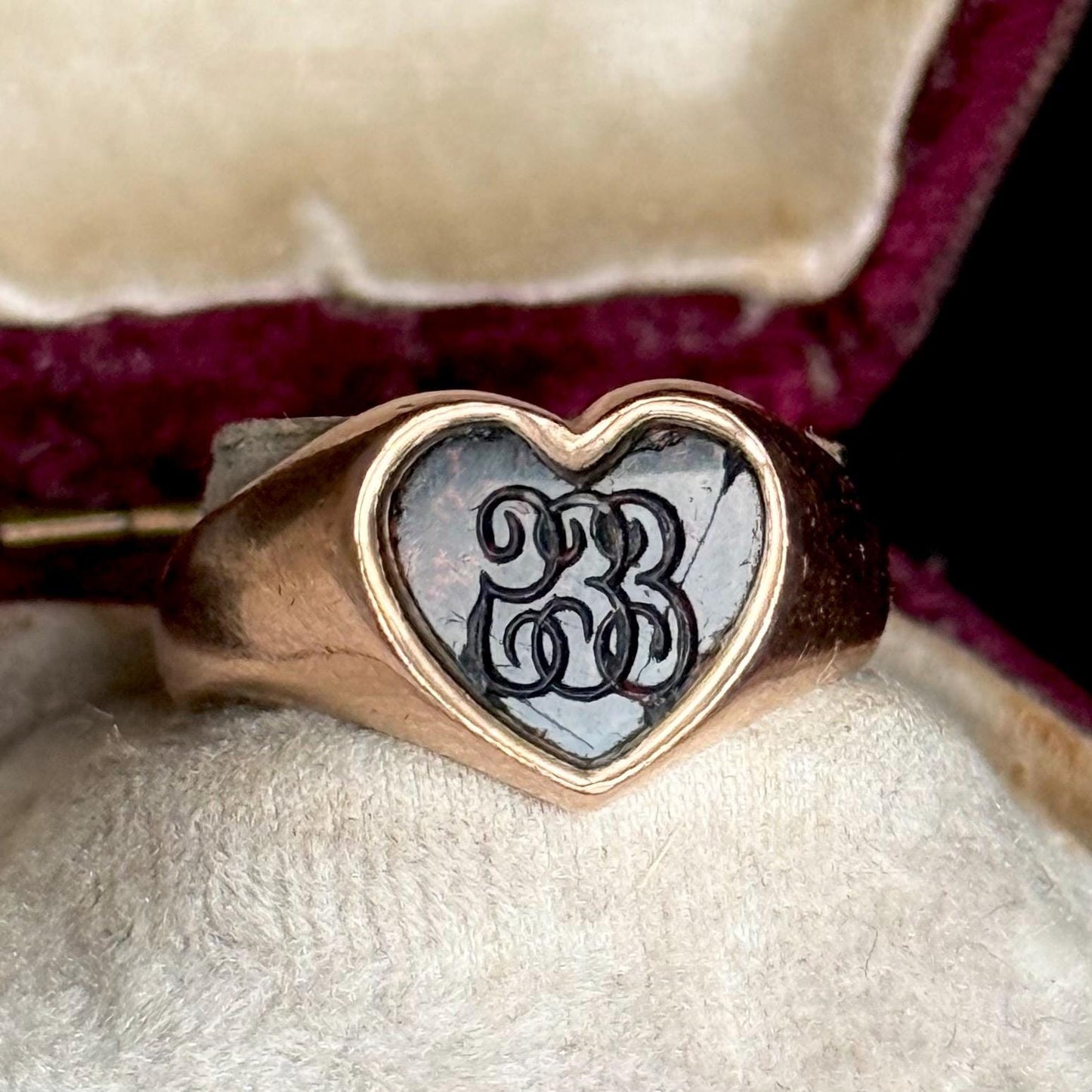 Antique Heart Bloodstone Signet Ring in 9 Carat Gold; Circa 1907