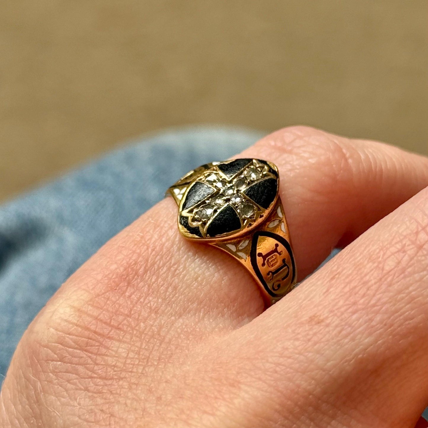 Antique Diamond & Enamel Mourning Ring in 18 Carat Gold; Circa 1868