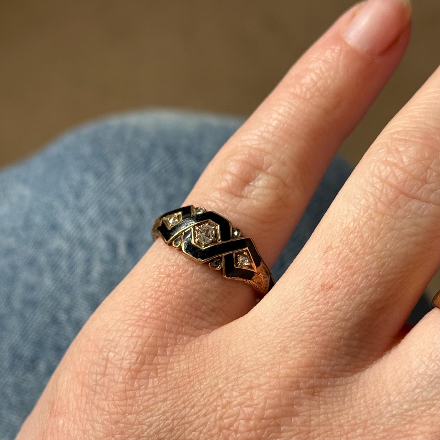 Antique Diamond & Enamel Mourning Ring with Inscription; Circa 1870