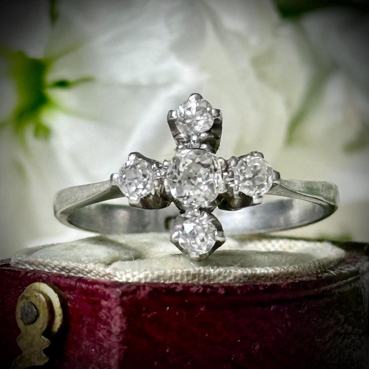 Antique Quadrefoil Old Cut Diamond Ring in Platinum; Circa 1900