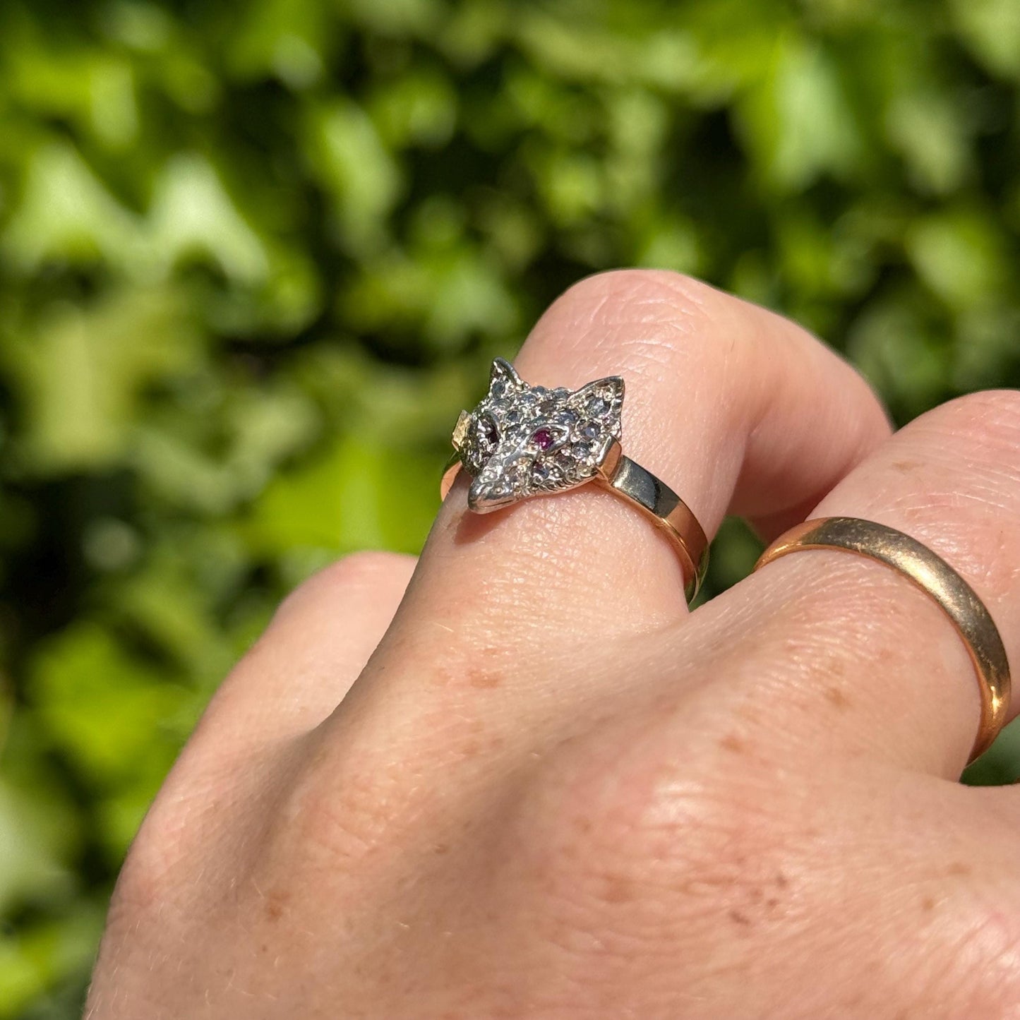 Victorian Style Rose Cut Diamond & Ruby Fox Head Ring in 9 Carat Gold