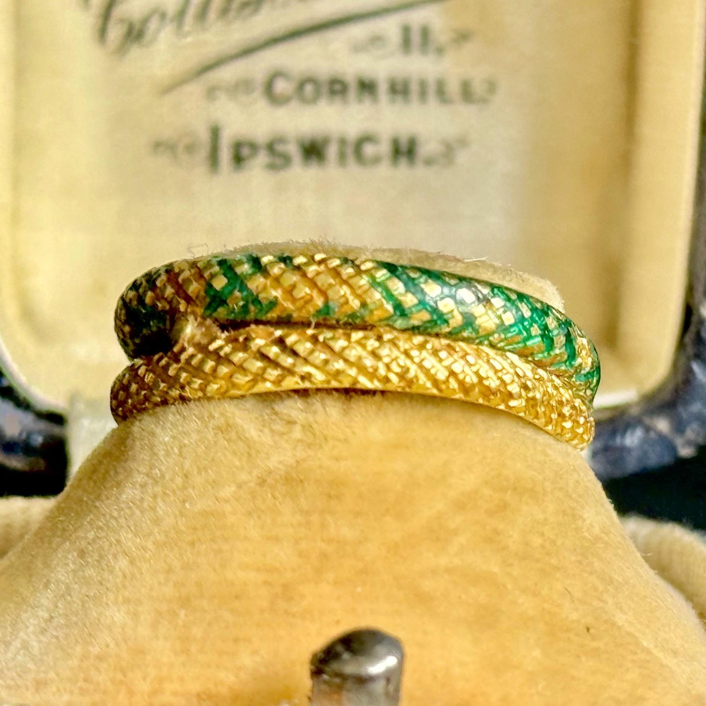 Victorian Green Enamel Snake Ring in 18 Carat Gold; Circa 1870