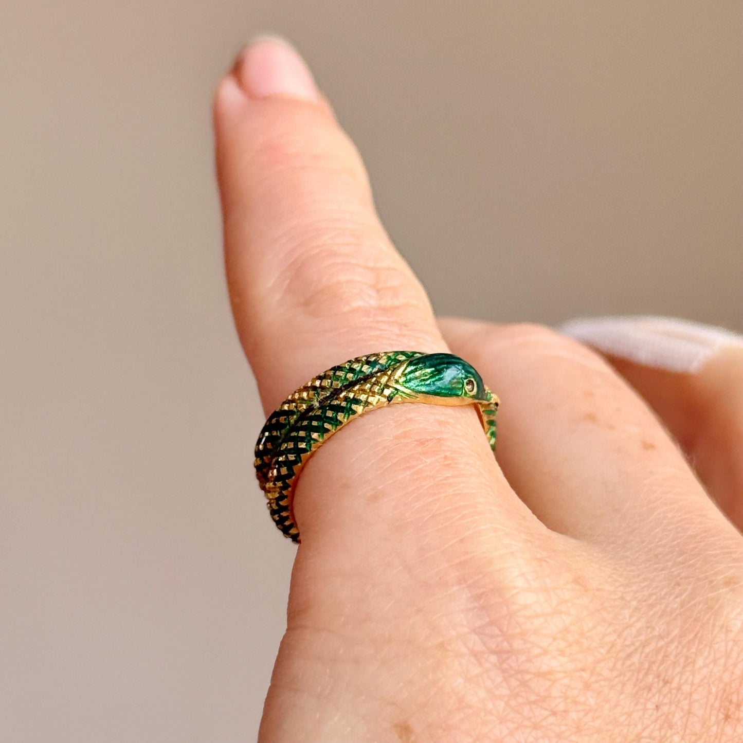Victorian Green Enamel Snake Ring in 18 Carat Gold; Circa 1870