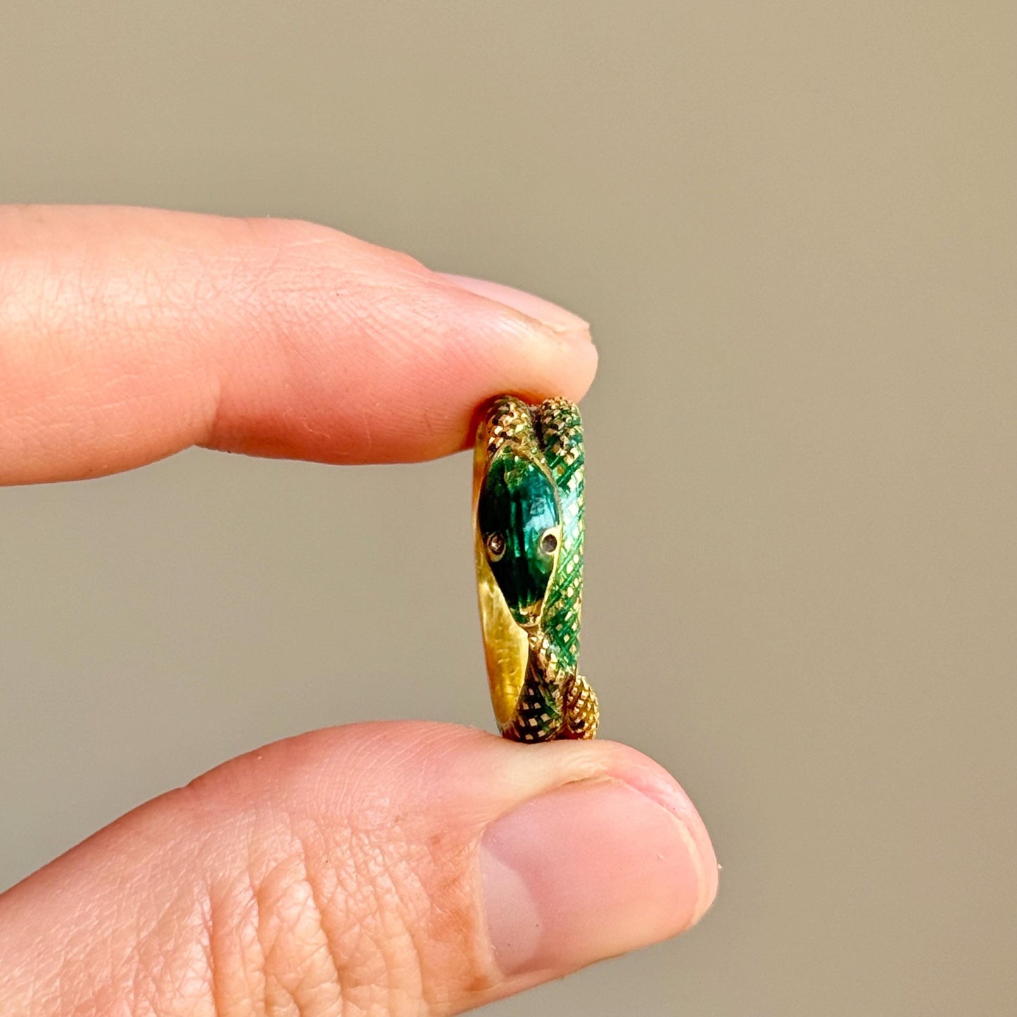 Victorian Green Enamel Snake Ring in 18 Carat Gold; Circa 1870