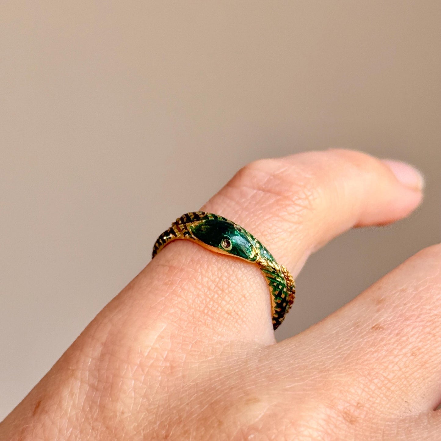 Victorian Green Enamel Snake Ring in 18 Carat Gold; Circa 1870