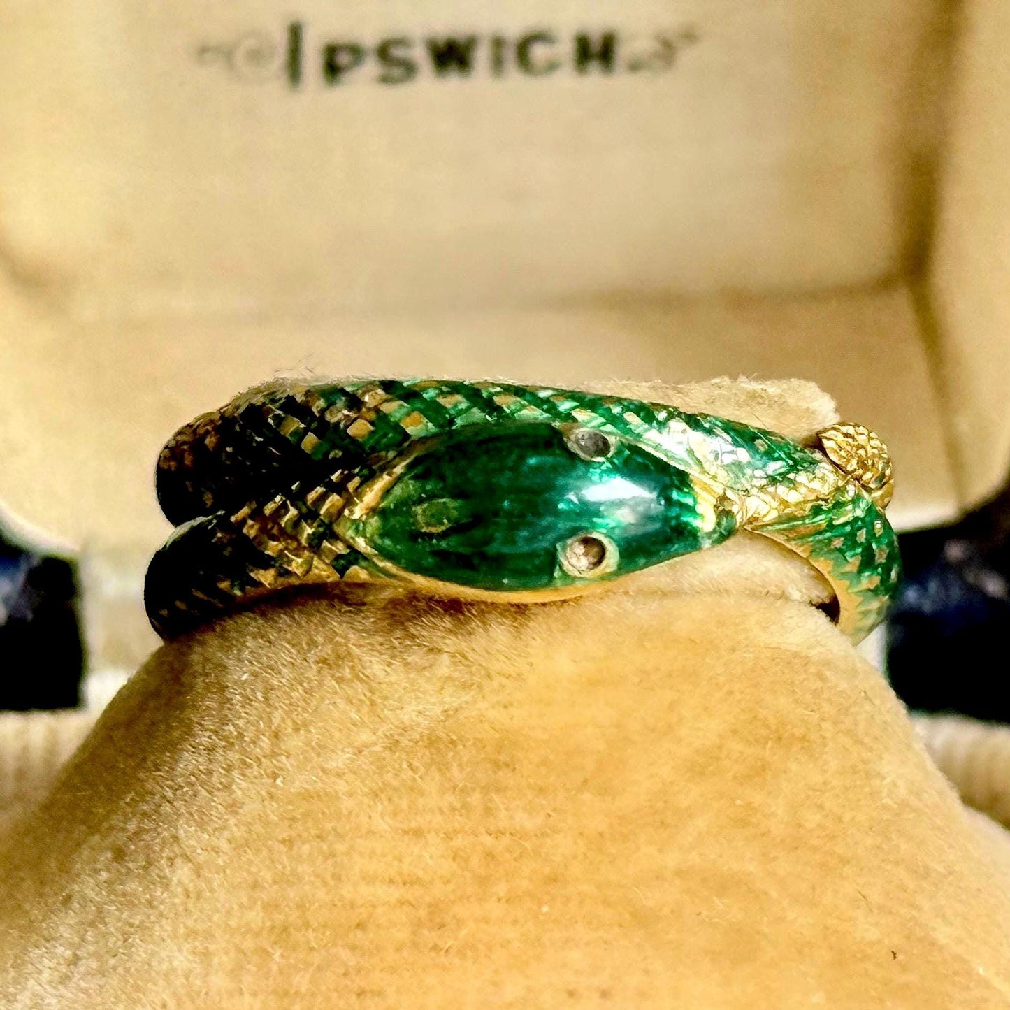 Victorian Green Enamel Snake Ring in 18 Carat Gold; Circa 1870
