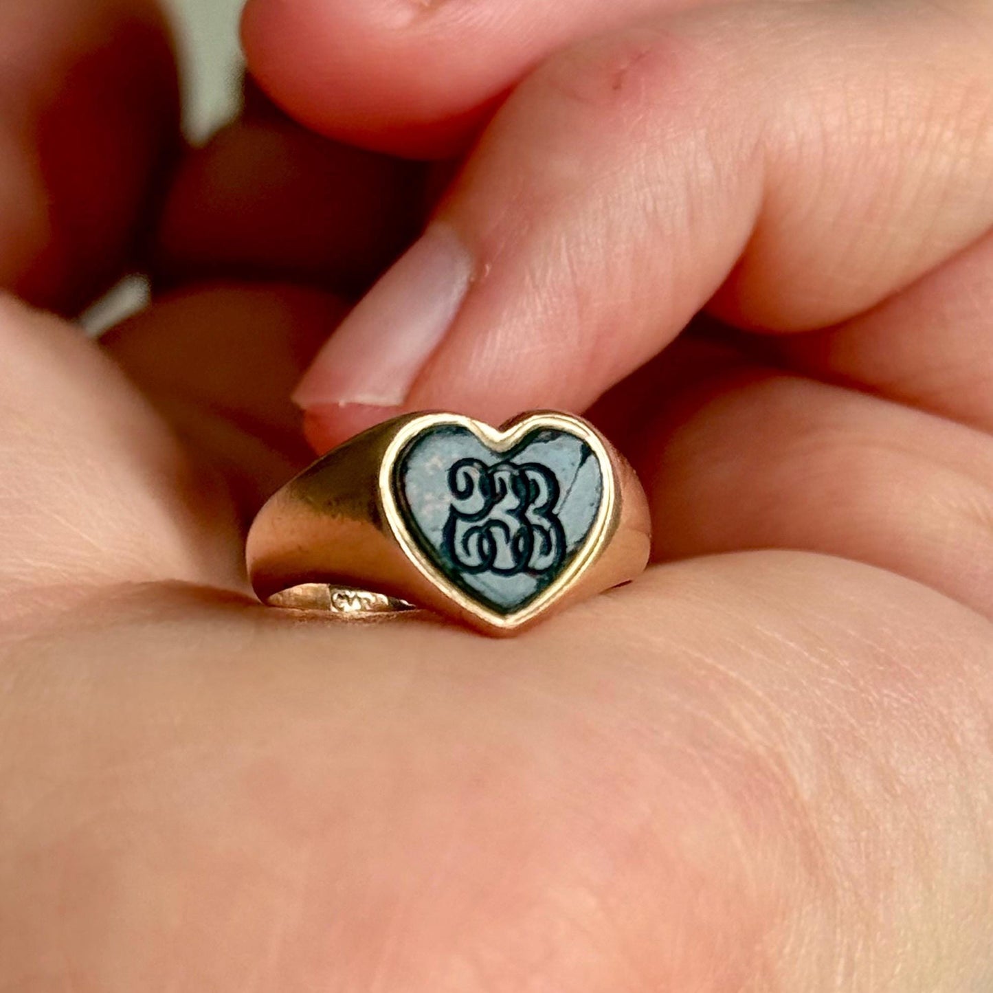 Antique Heart Bloodstone Signet Ring in 9 Carat Gold; Circa 1907