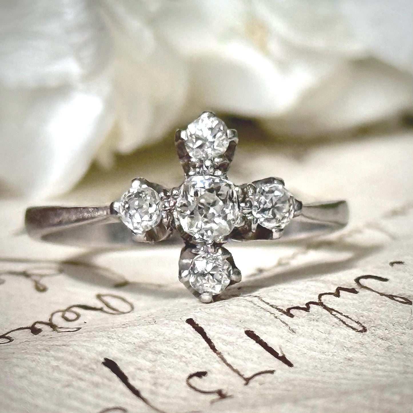 Antique Quadrefoil Old Cut Diamond Ring in Platinum; Circa 1900