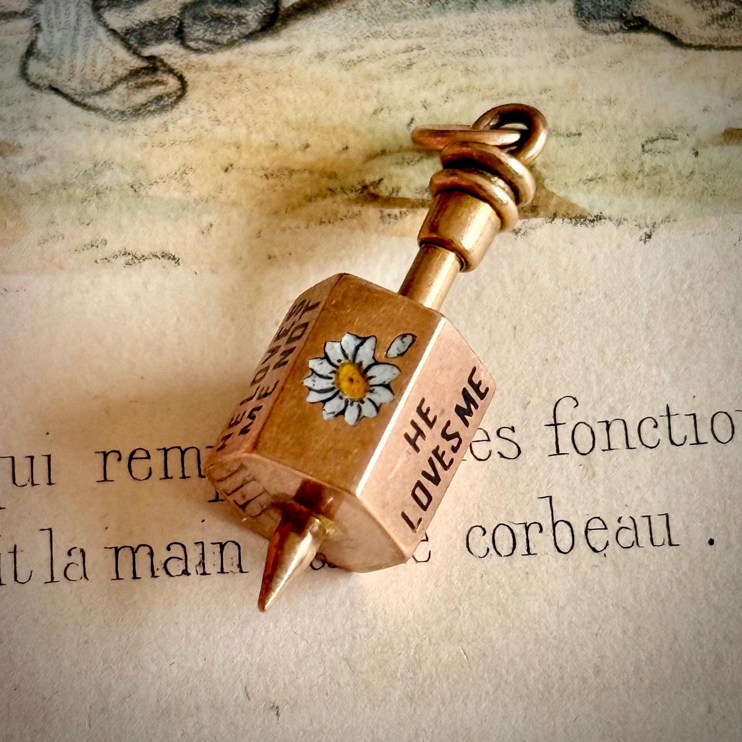 Victorian 'He Loves Me' Spinning Top Enamel Pendant; Circa 1880