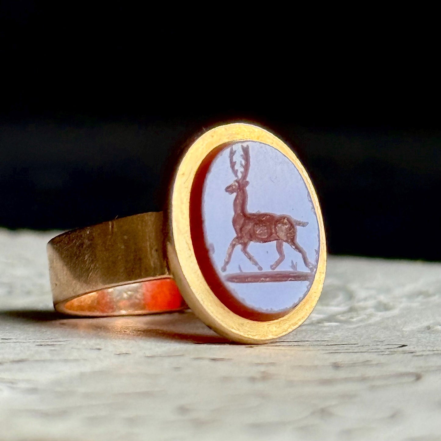 Antique Sardonyx Stag Intaglio Signet Ring in 15 Carat Gold; Circa 1890