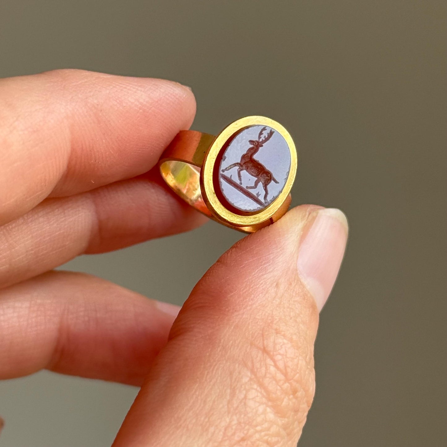 Antique Sardonyx Stag Intaglio Signet Ring in 15 Carat Gold; Circa 1890