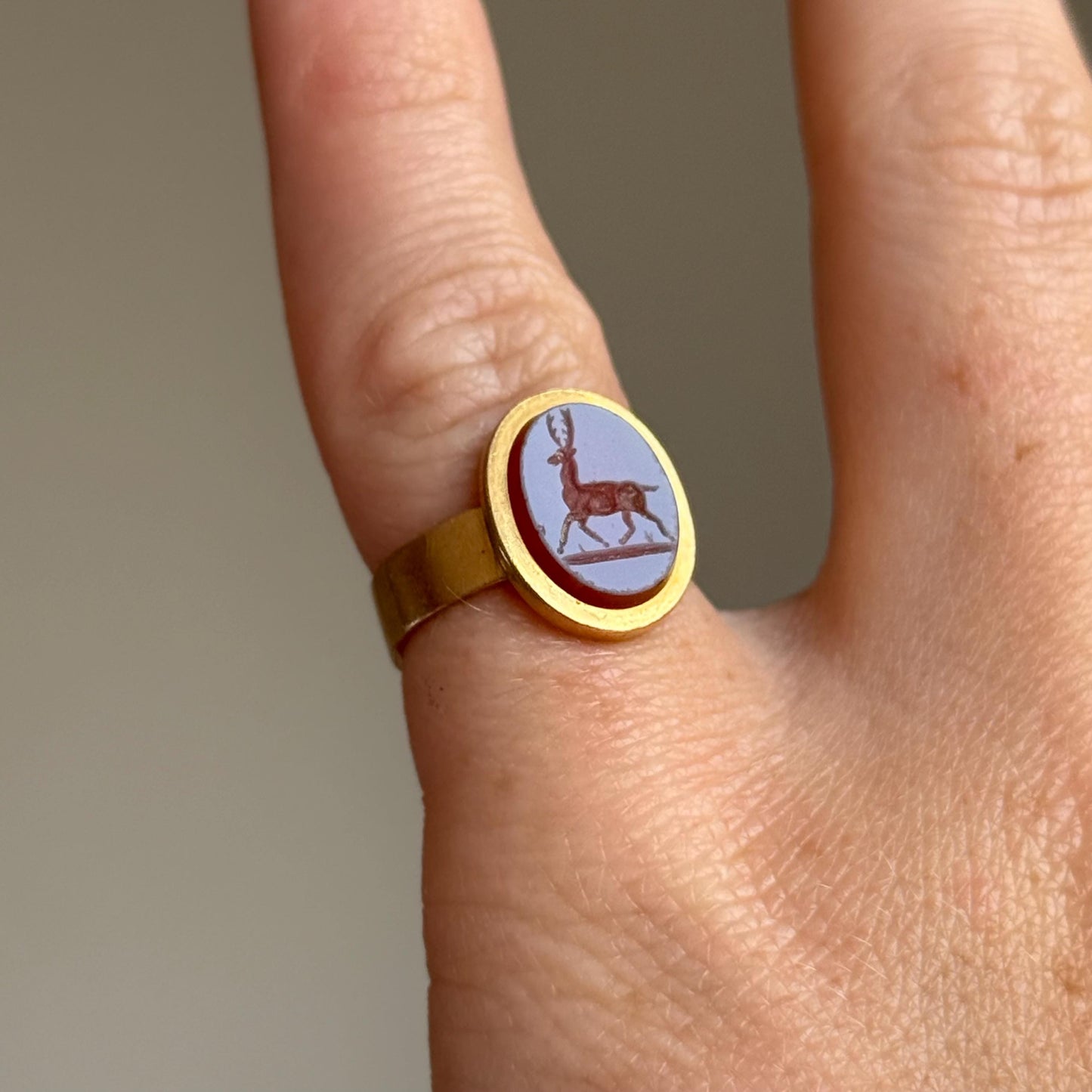 Antique Sardonyx Stag Intaglio Signet Ring in 15 Carat Gold; Circa 1890