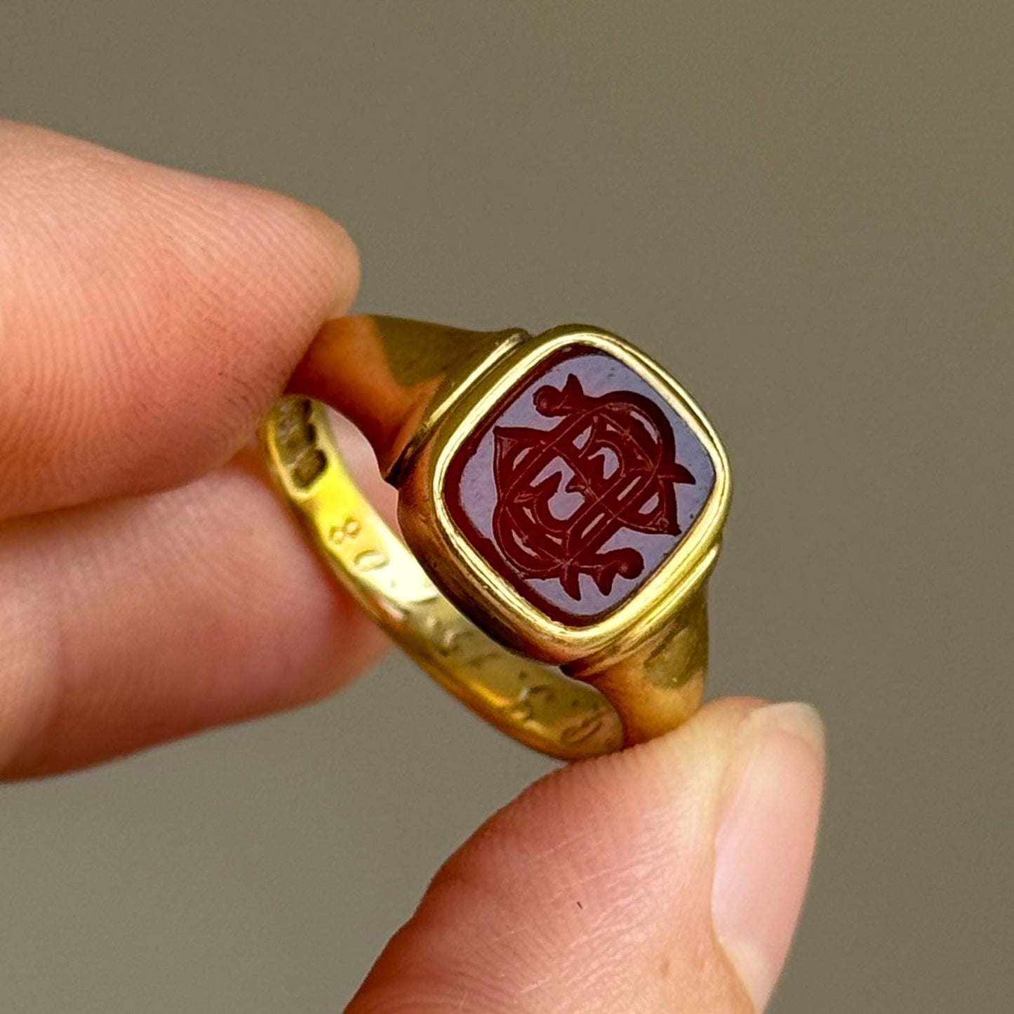 Carnelian Monogram Intaglio Signet Ring in 18 Carat Rose Gold; Circa 1908