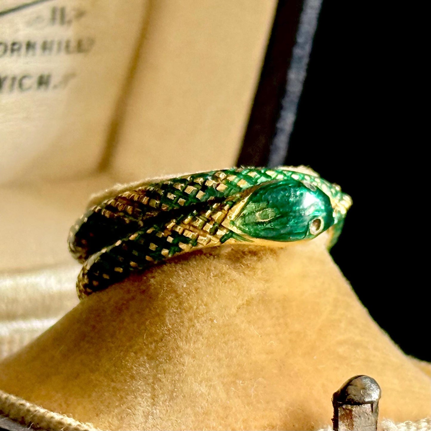 Victorian Green Enamel Snake Ring in 18 Carat Gold; Circa 1870