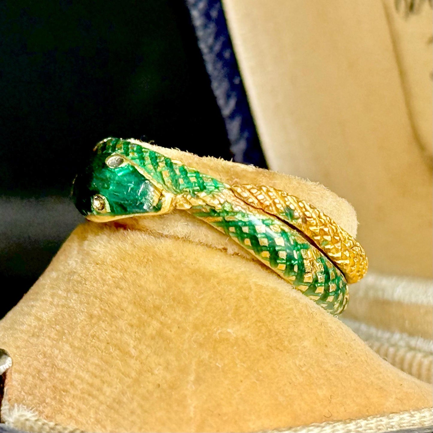 Victorian Green Enamel Snake Ring in 18 Carat Gold; Circa 1870