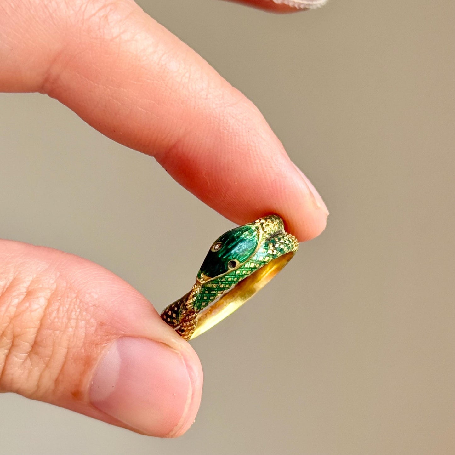 Victorian Green Enamel Snake Ring in 18 Carat Gold; Circa 1870