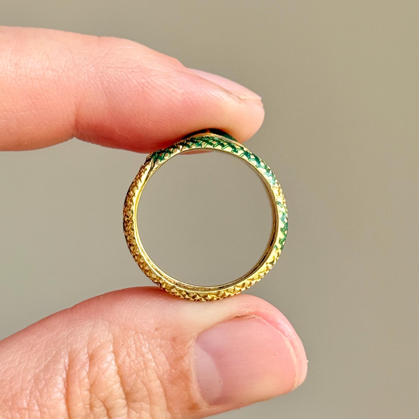 Victorian Green Enamel Snake Ring in 18 Carat Gold; Circa 1870