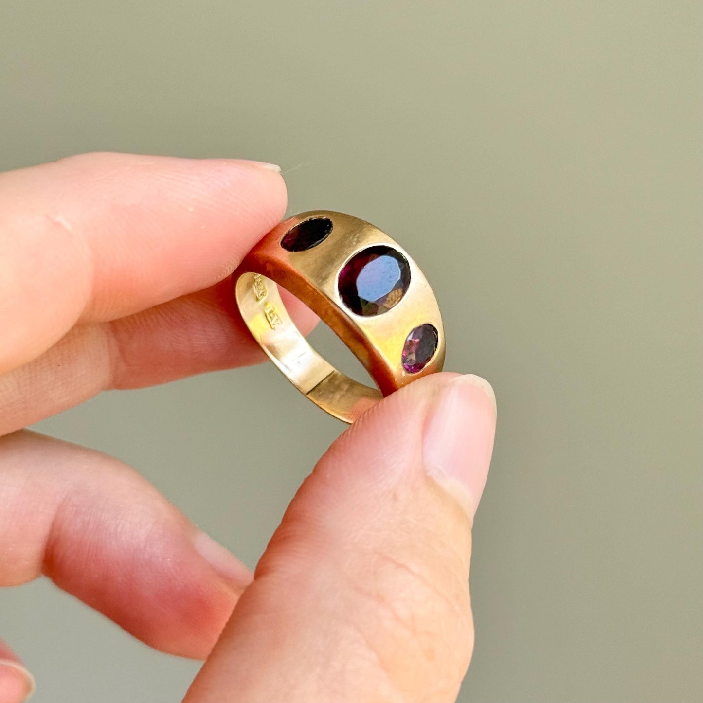 Antique Garnet Trilogy in 9 Carat Rose Gold Ring; Circa 1898