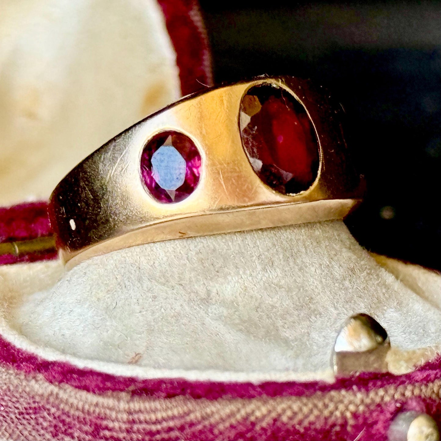 Antique Garnet Trilogy in 9 Carat Rose Gold Ring; Circa 1898