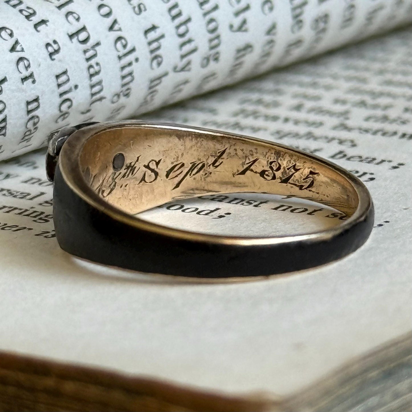 Antique Diamond & Enamel Mourning Ring in 9 Carat Gold; Circa 1875