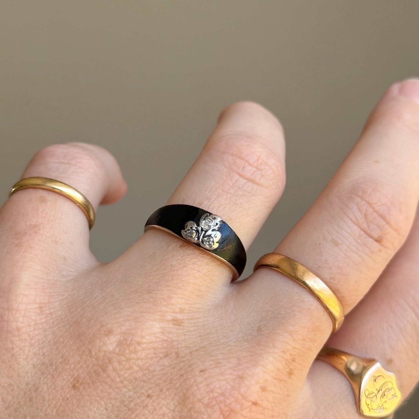 Antique Diamond & Enamel Mourning Ring in 9 Carat Gold; Circa 1875