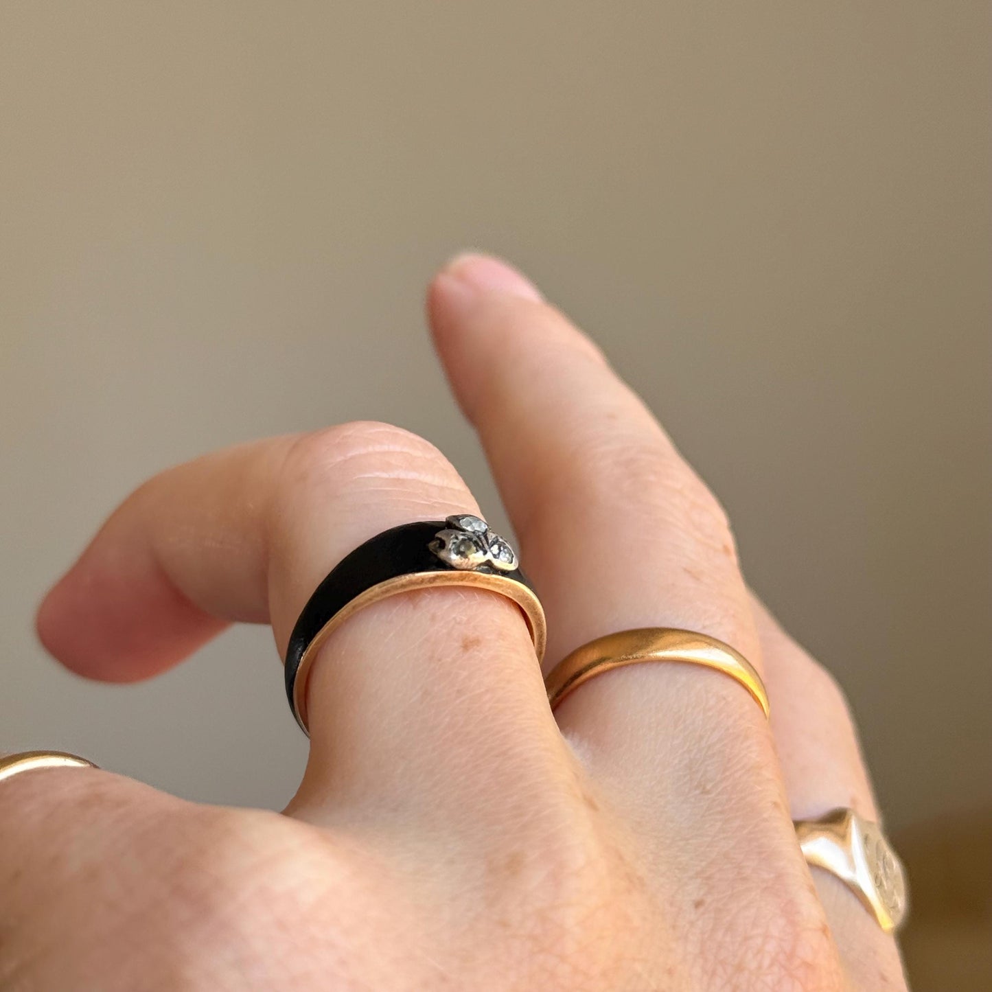 Antique Diamond & Enamel Mourning Ring in 9 Carat Gold; Circa 1875