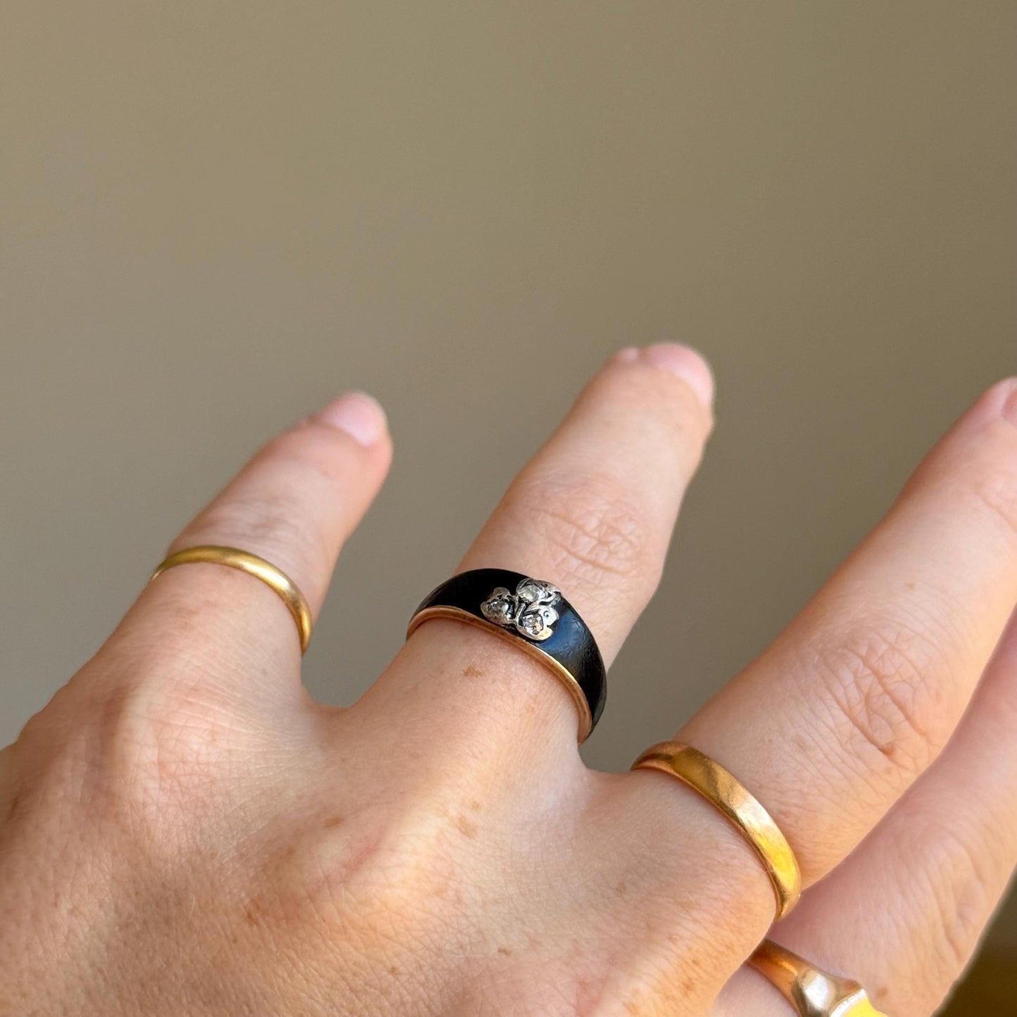 Antique Diamond & Enamel Mourning Ring in 9 Carat Gold; Circa 1875