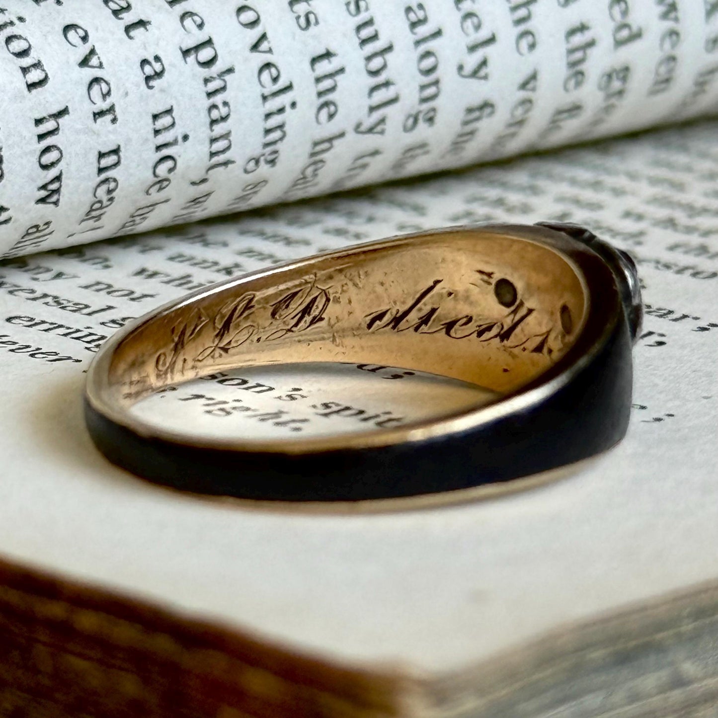 Antique Diamond & Enamel Mourning Ring in 9 Carat Gold; Circa 1875