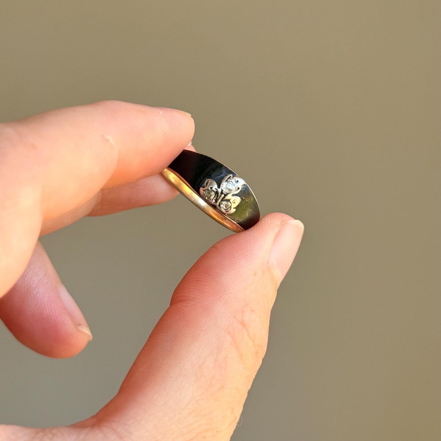 Antique Diamond & Enamel Mourning Ring in 9 Carat Gold; Circa 1875
